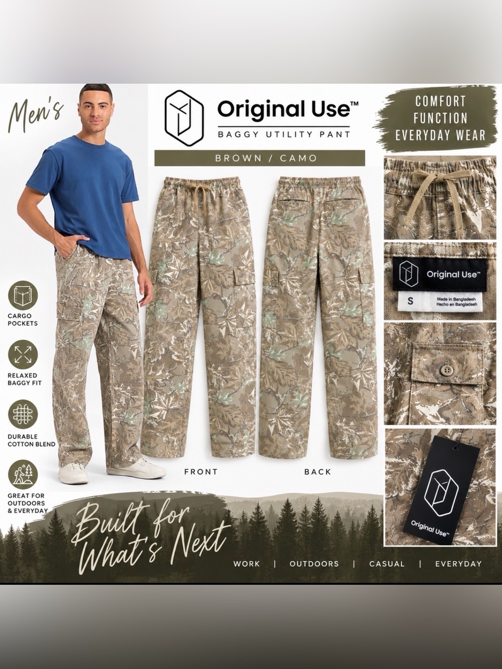 Original Use Men’s Baggy Utility Cargo Pants Brown Camo Size Small NWT